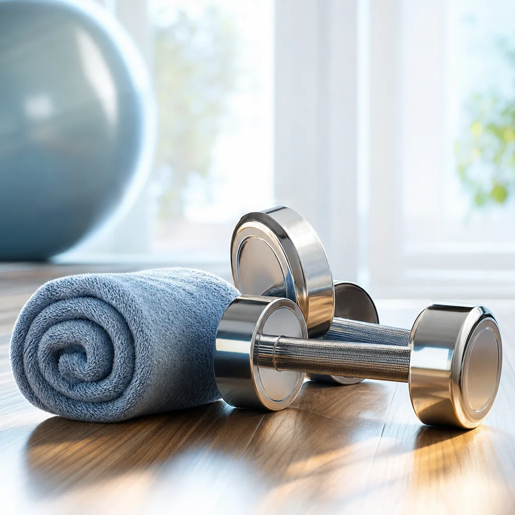 pair of dumbbells and a rolled up gym towel on a wooden floor, morning light