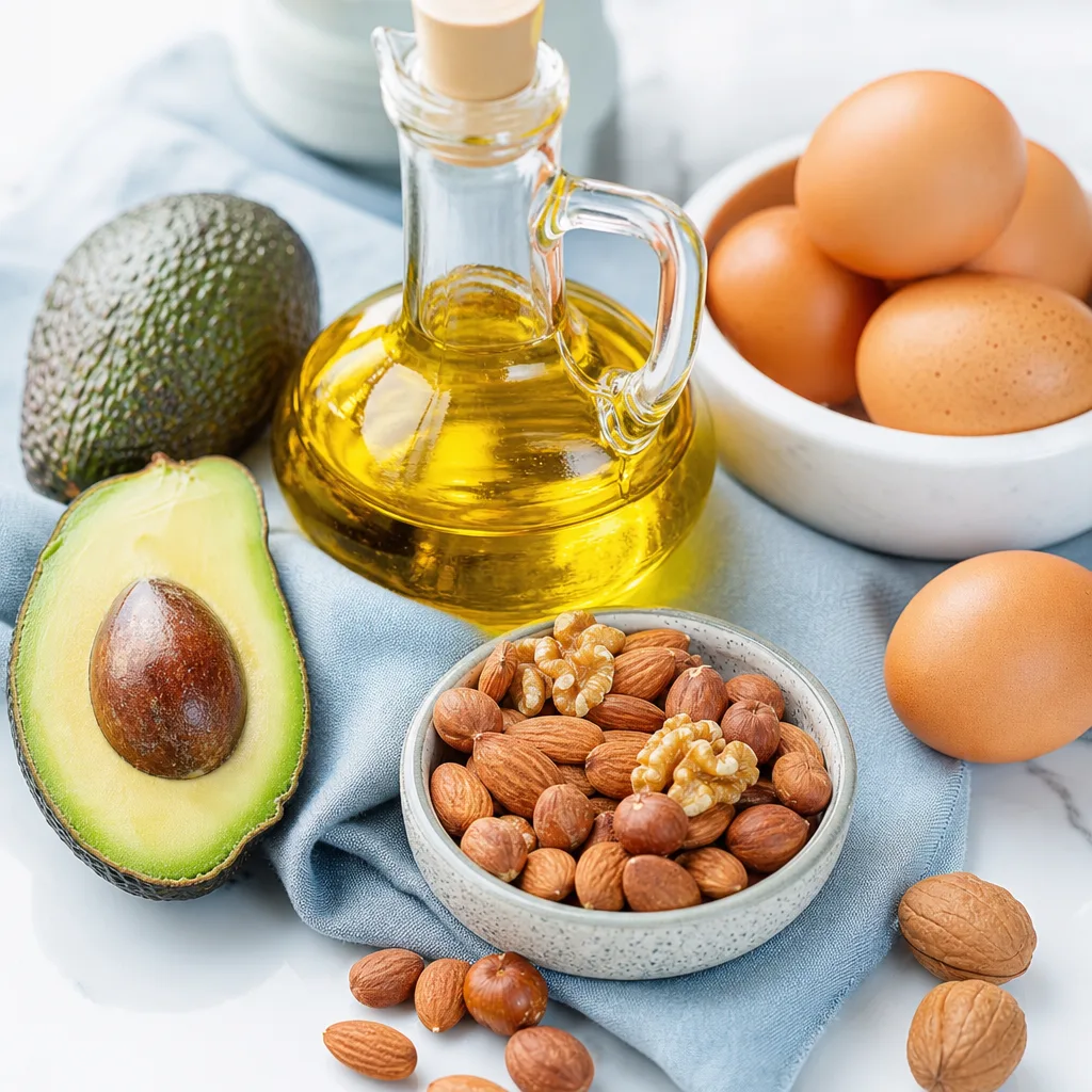 avocado, olive oil, nuts and eggs arranged as a flat lay on a linen cloth