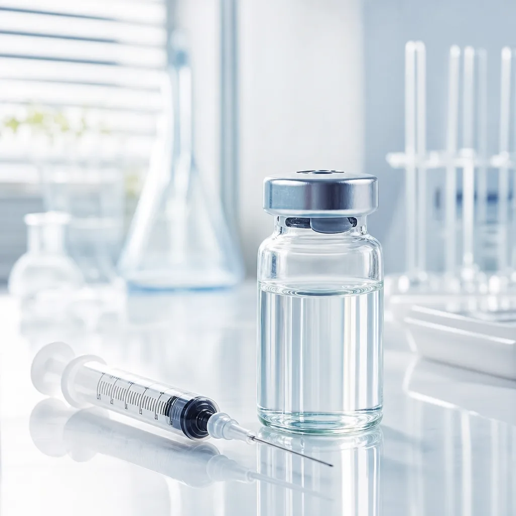 clear glass vial and syringe on a clinical white surface, medical still life