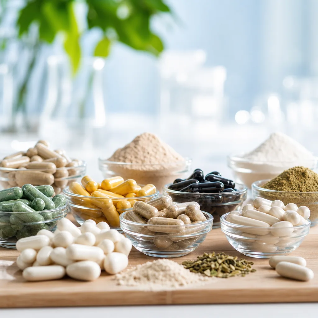 row of different supplement capsules and powders in small glass bowls on a wooden table