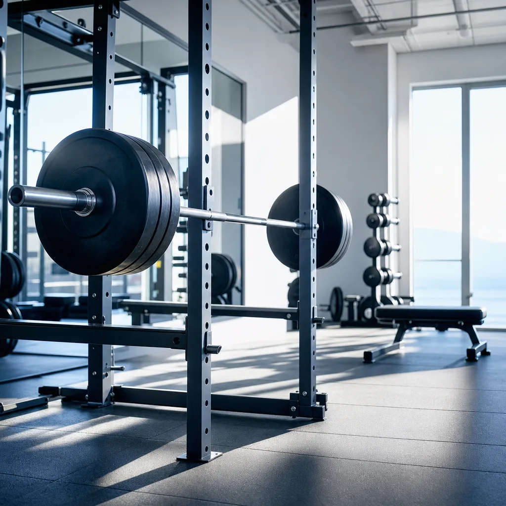 loaded barbell resting on a squat rack in an empty gym, dramatic side light