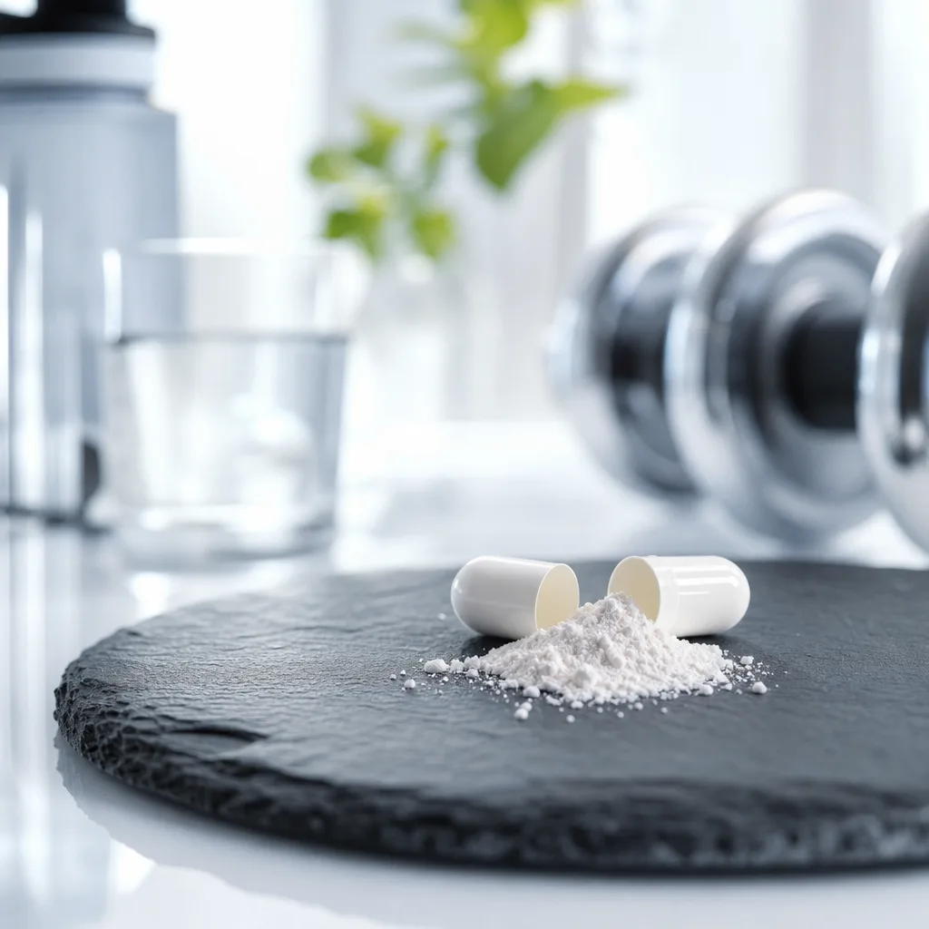 open supplement capsule next to a small pile of white powder on dark stone