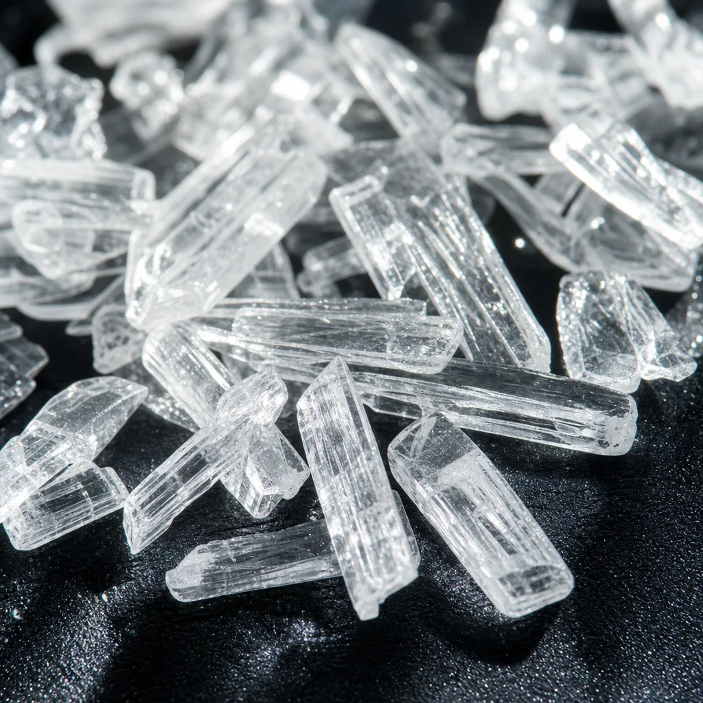 macro shot of translucent amino acid crystals catching light on black surface