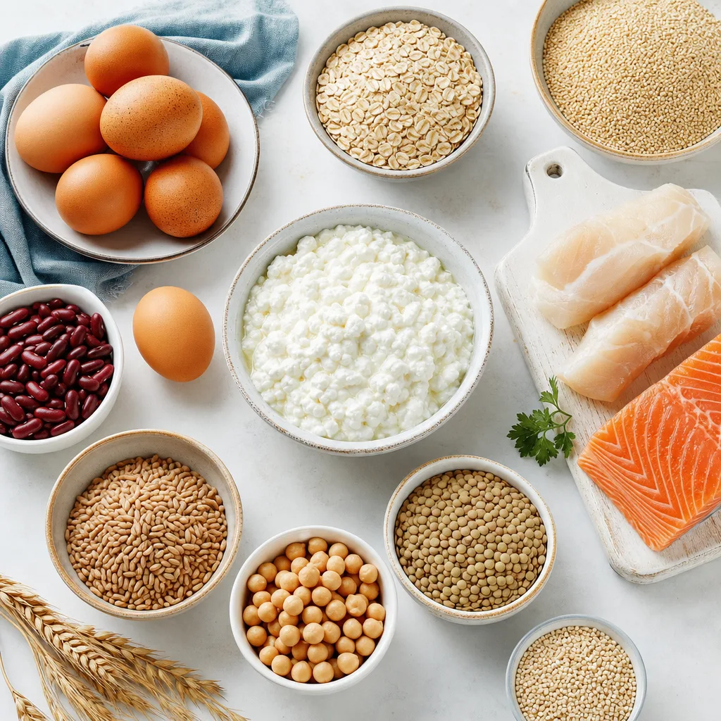 overhead flat lay of cottage cheese, eggs, fish and grains on light kitchen table