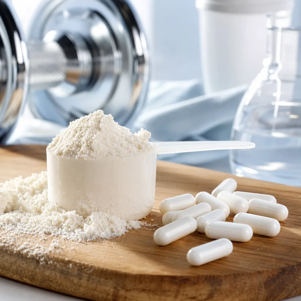 scoop of white protein powder resting on wooden surface with amino acid capsules nearby