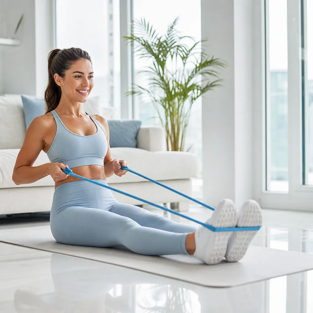 Smiling woman using a resistance band for a seated row exercise in a bright living room