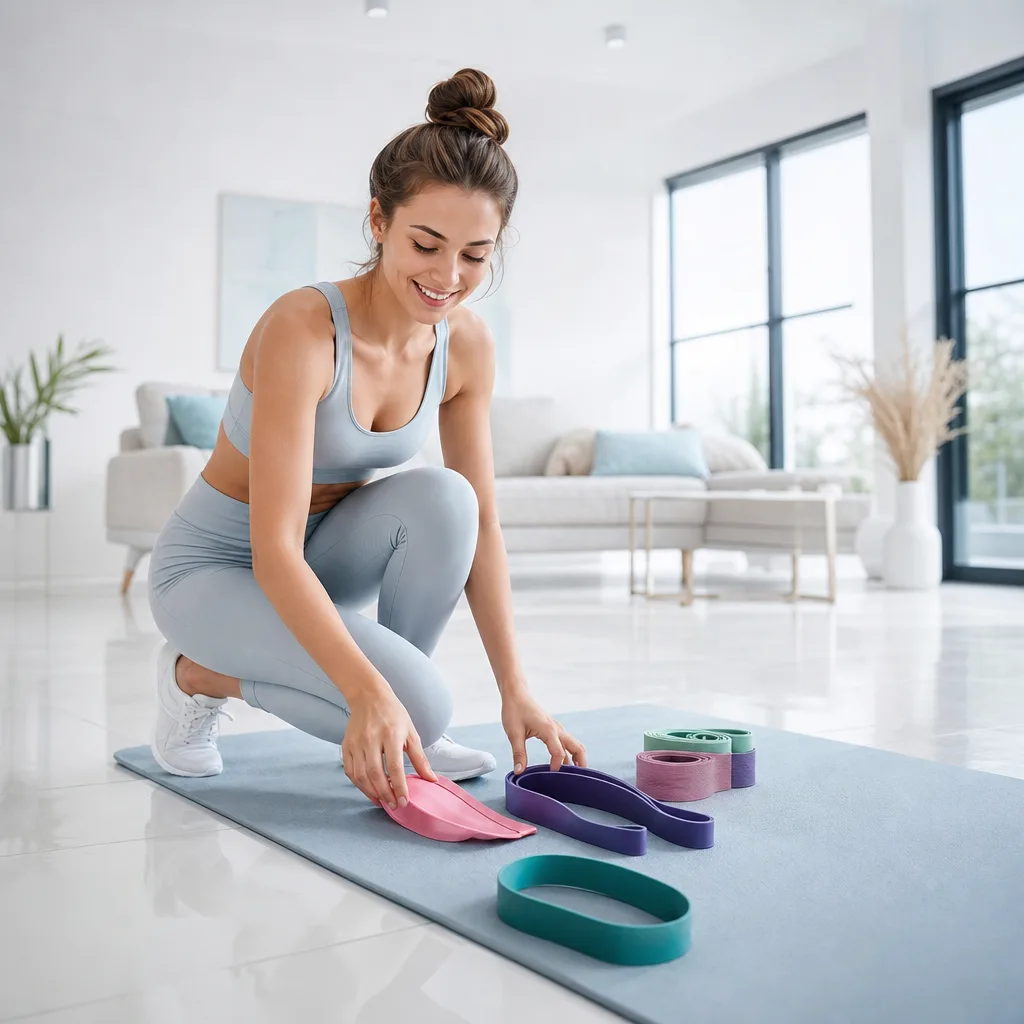 Smiling woman choosing colorful resistance bands laid out on a mat in a bright living room