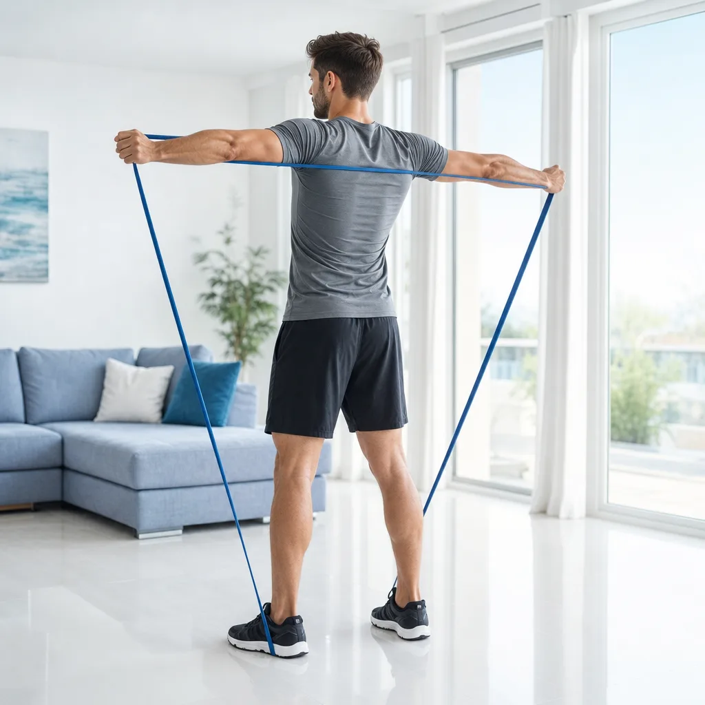 Athletic man doing a band pull apart exercise in a bright living room with natural light