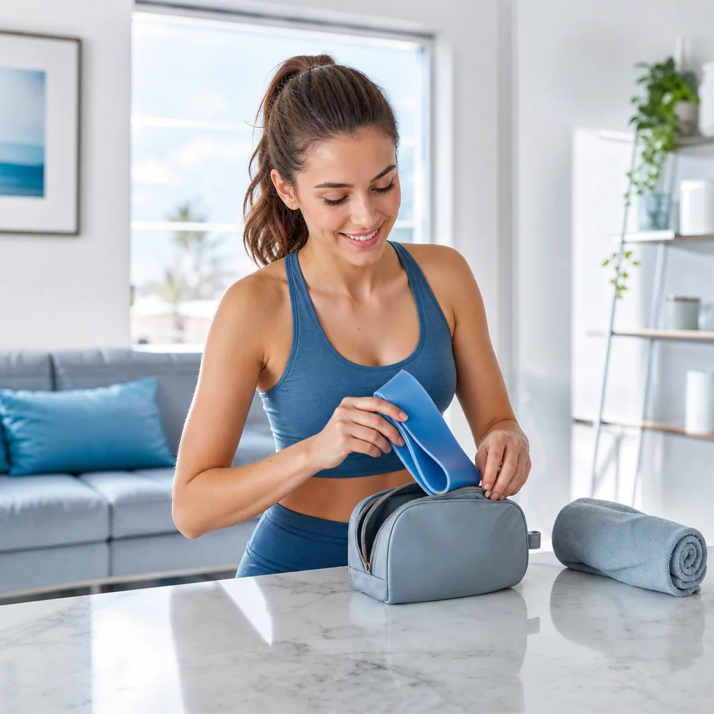 Smiling woman packing a resistance band into a small travel bag in a bright living room