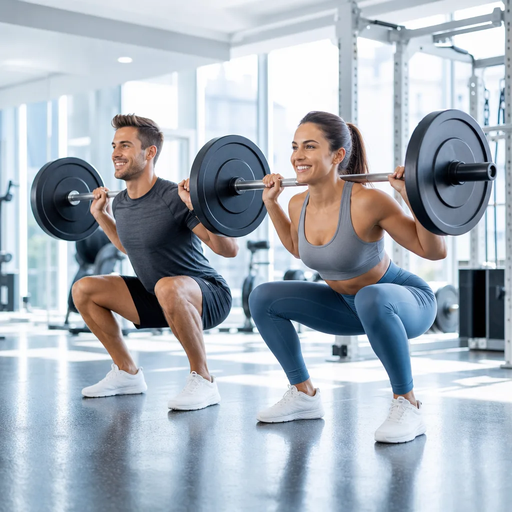 athletic smiling man and woman doing barbell squats together in a bright modern gym with large windows