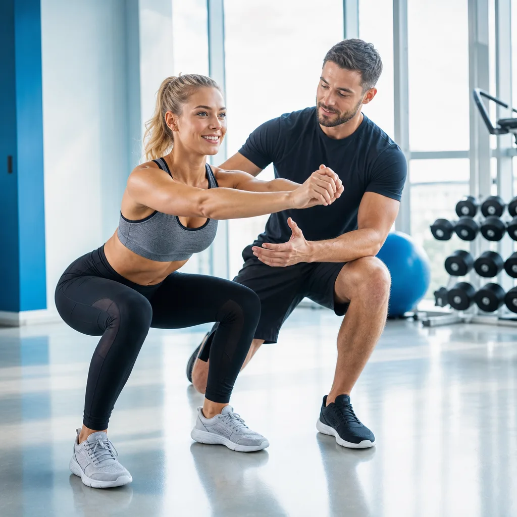 smiling beginner woman in workout clothes learning proper squat form with a personal trainer in a bright studio