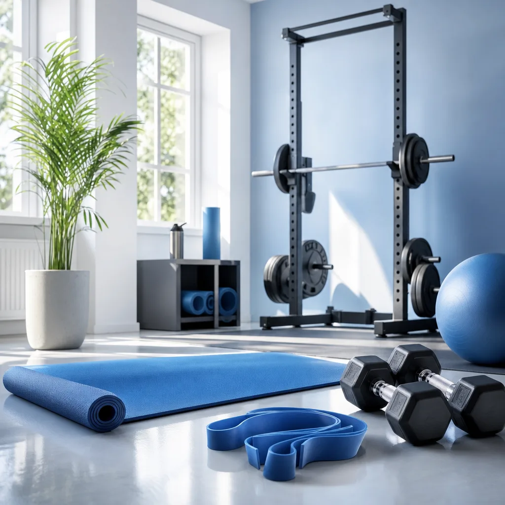 bright home gym corner with dumbbells, a barbell rack, a yoga mat and resistance bands in daylight