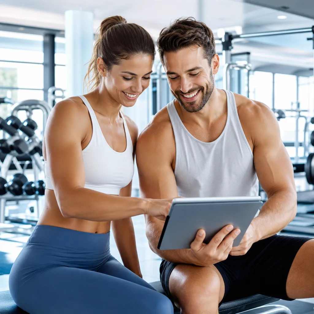 smiling fit couple checking a workout log on a tablet after training in a bright gym