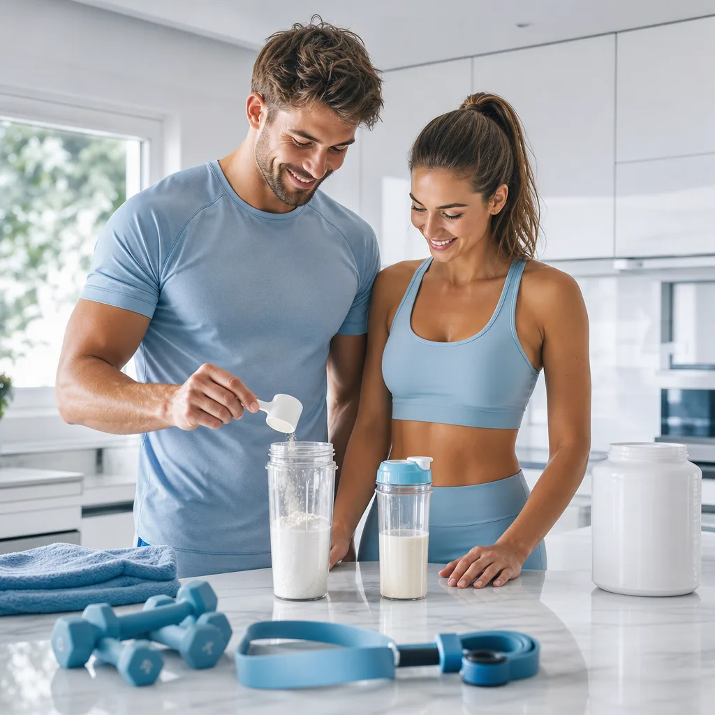 Athletic smiling man and woman in light blue sportswear preparing a protein shake in a bright modern kitchen