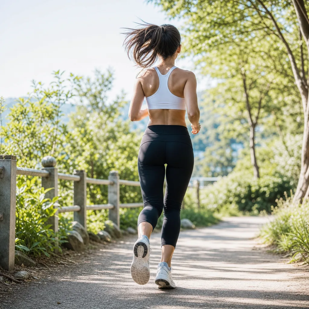 woman jogging outdoors on a bright sunny path in athletic wear