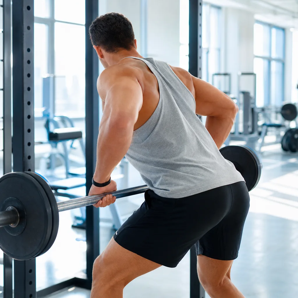 muscular man doing a barbell row in a bright gym with natural daylight