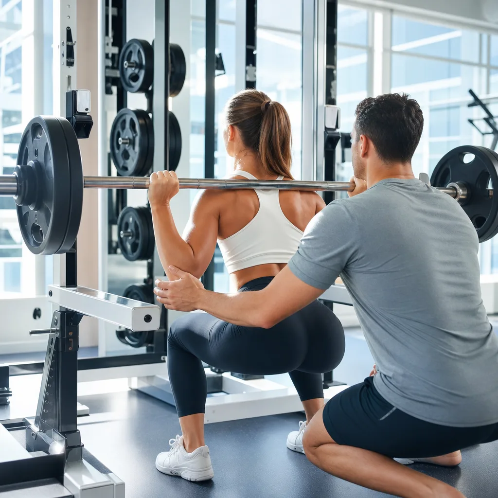 woman doing a barbell squat with a spotter in a bright modern gym