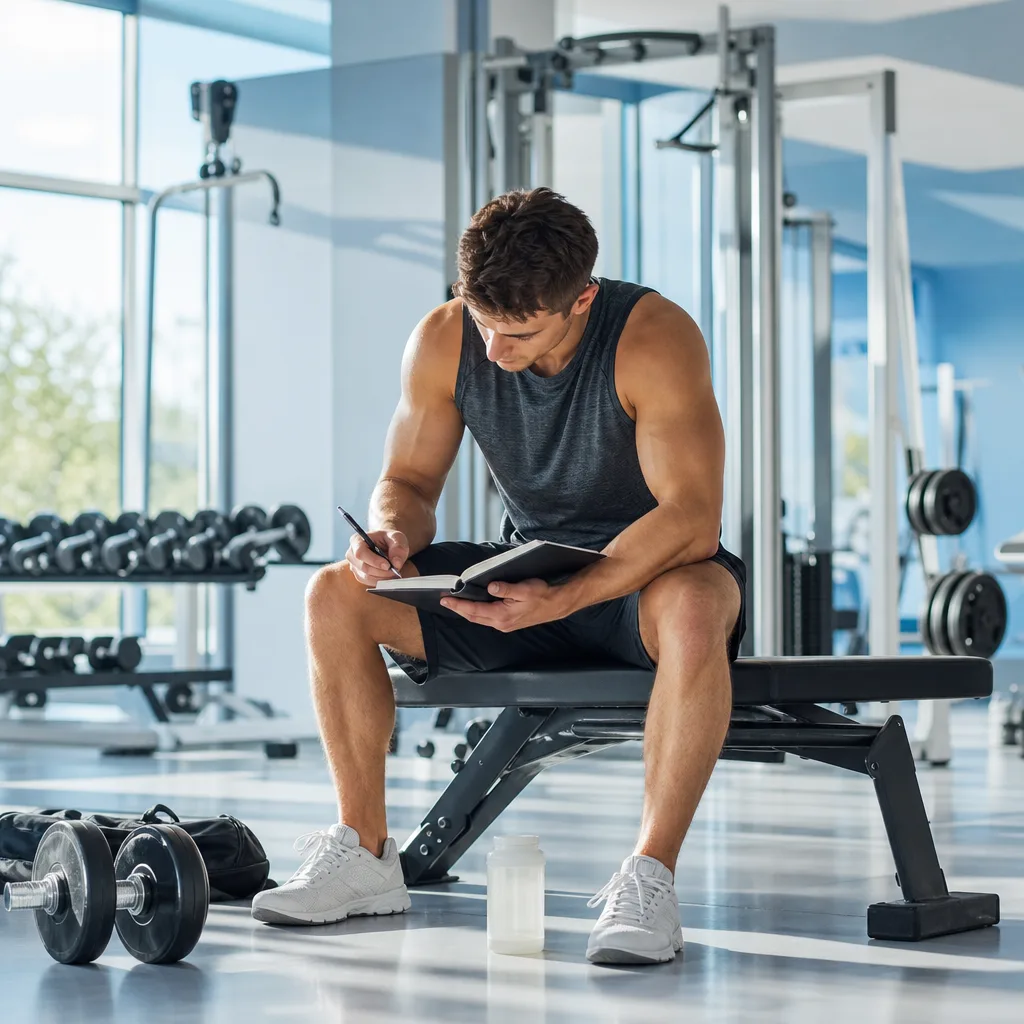 man checking his progress in a training log after a workout in a bright gym