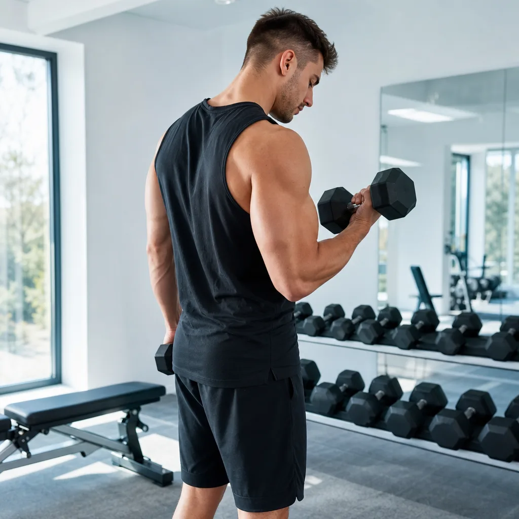 man doing dumbbell bicep curls in a bright home gym