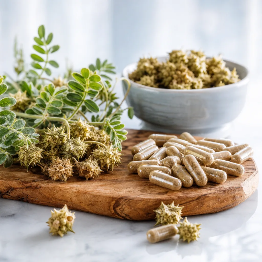 dried tribulus terrestris plant seeds and capsules on a rustic wooden board