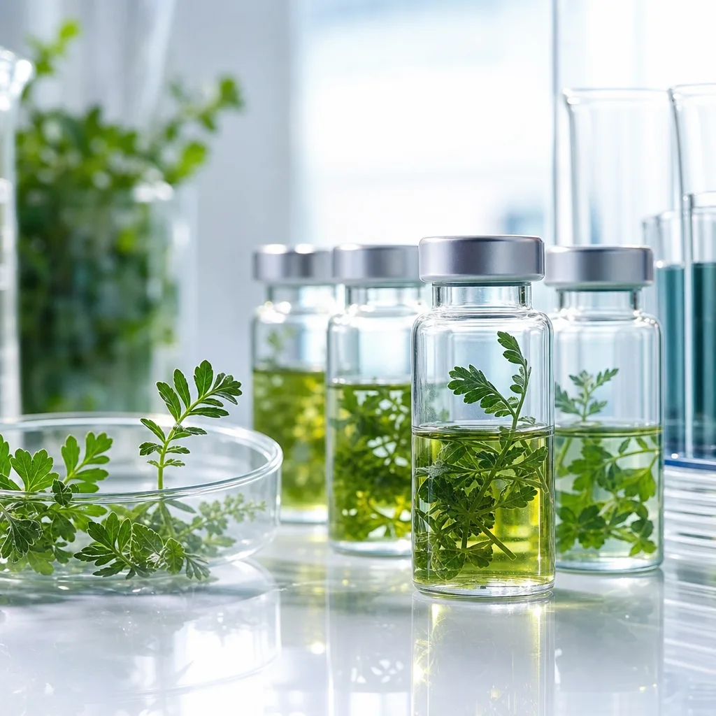 close up of clear glass vials with green plant extract on a laboratory bench