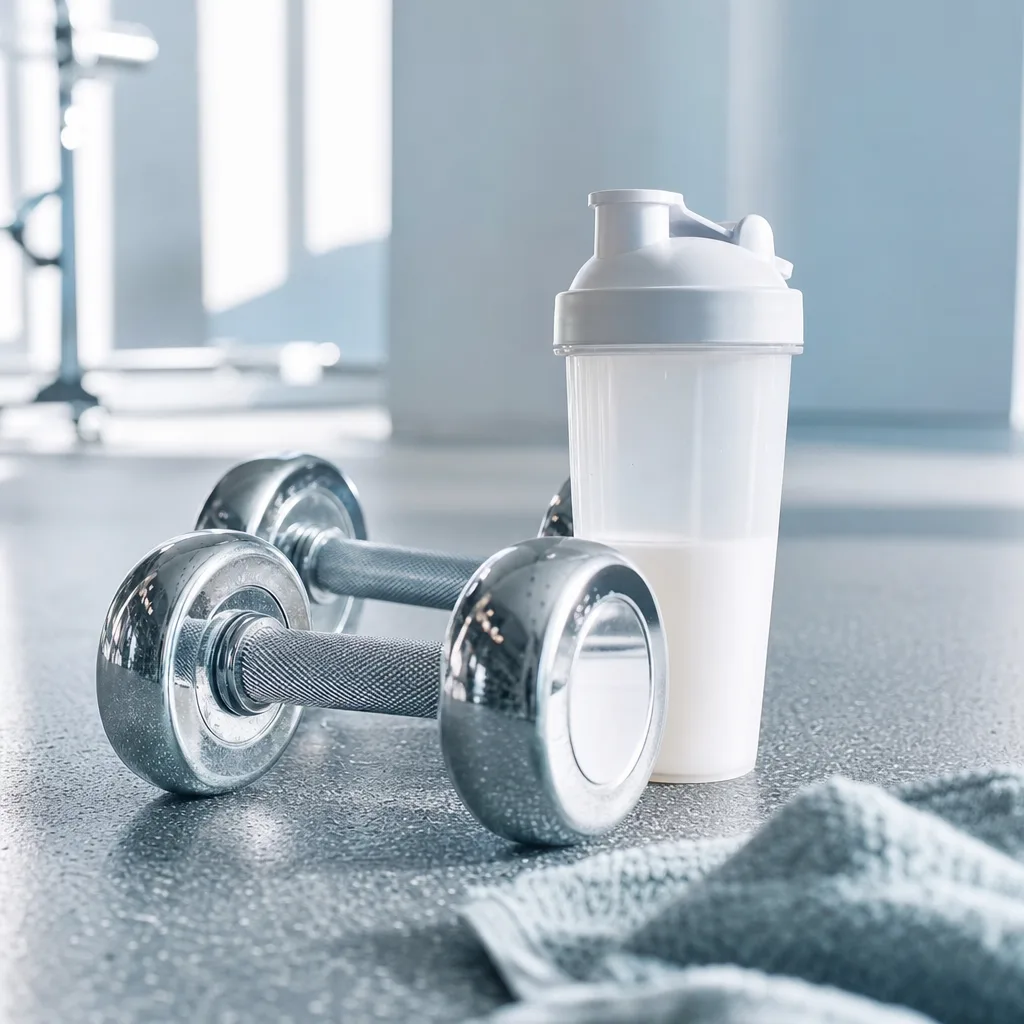 dumbbells and a shaker bottle on a gym floor, soft directional light