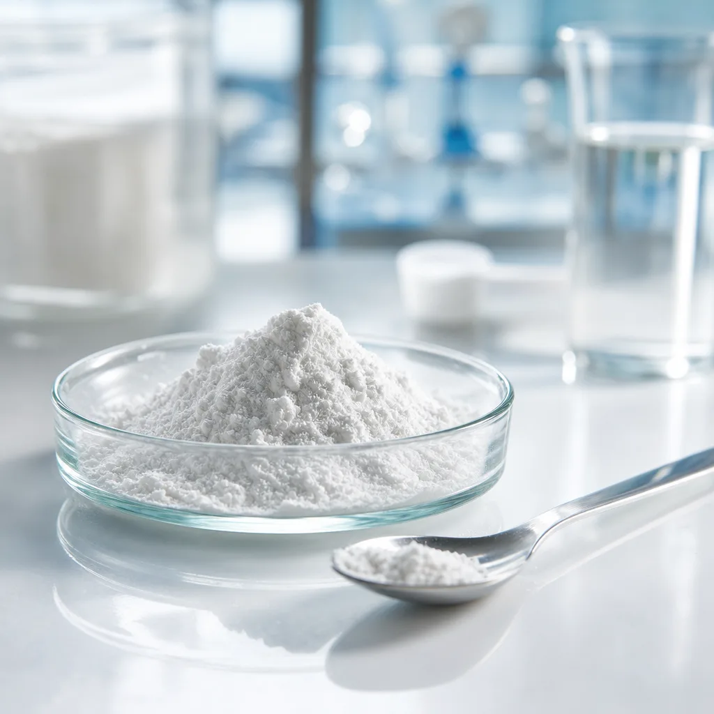amino acid powder in small glass dish next to metal spoon, warm ambient light