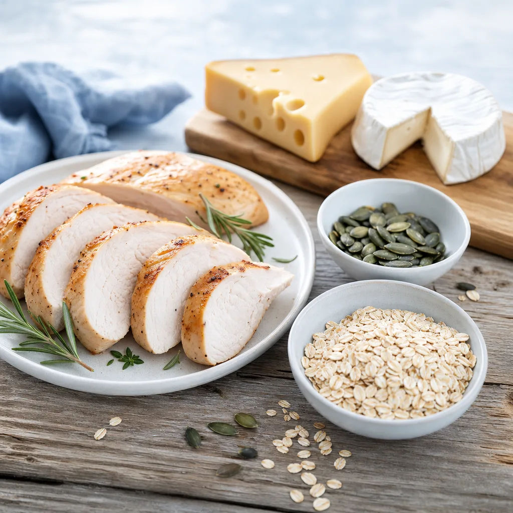 flat lay of turkey, pumpkin seeds, cheese and oats on rustic wooden table