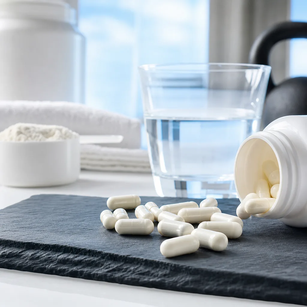 amino acid capsules scattered on dark slate with soft shallow depth of field