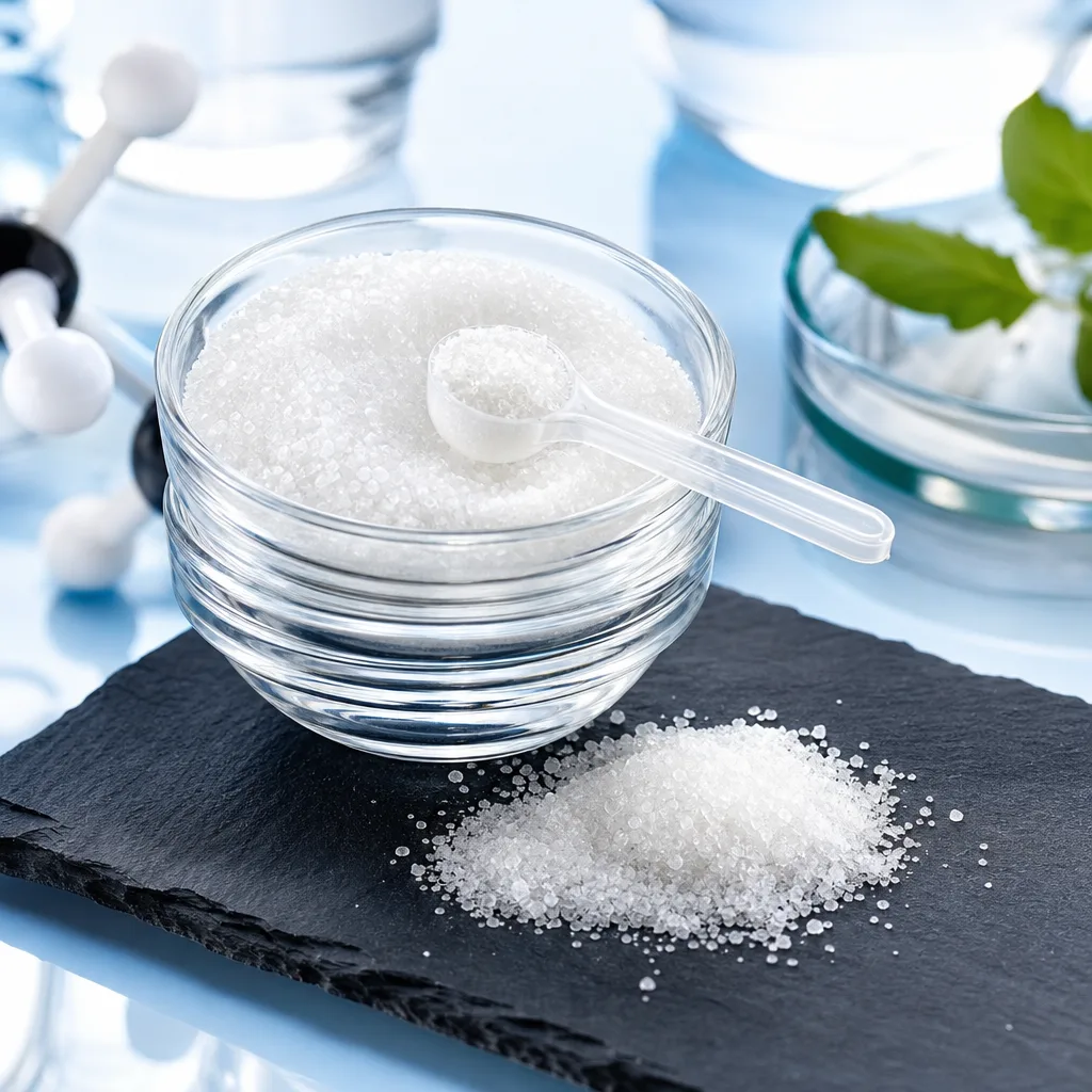 glass bowl of white amino acid crystals with a small measuring spoon on dark slate