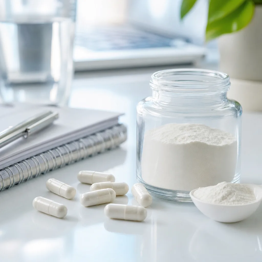 capsules and powder in a small glass jar on a desk next to a notebook, soft office light
