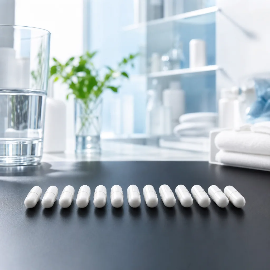 white supplement capsules arranged in a neat row on a matte black surface