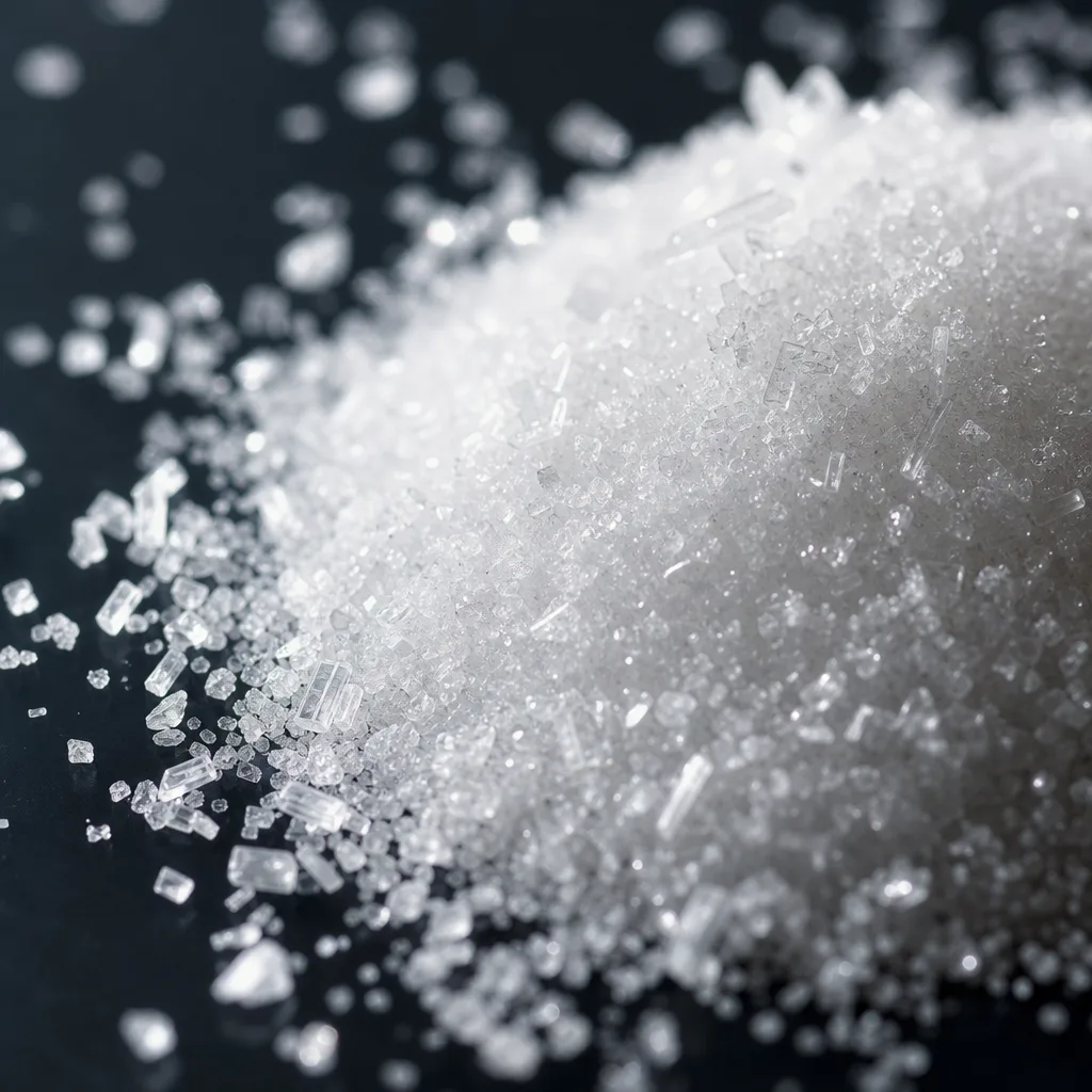 fine white amino acid crystals under macro lighting on dark background