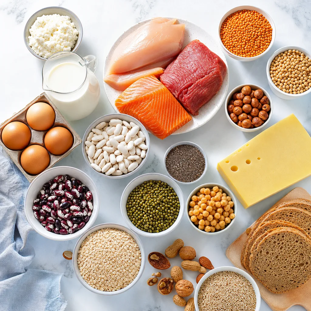 overhead flat lay of dairy, eggs, legumes and grains representing protein food sources