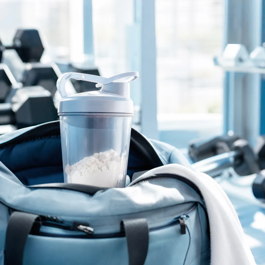 shaker bottle with amino acid powder inside a gym bag, natural light