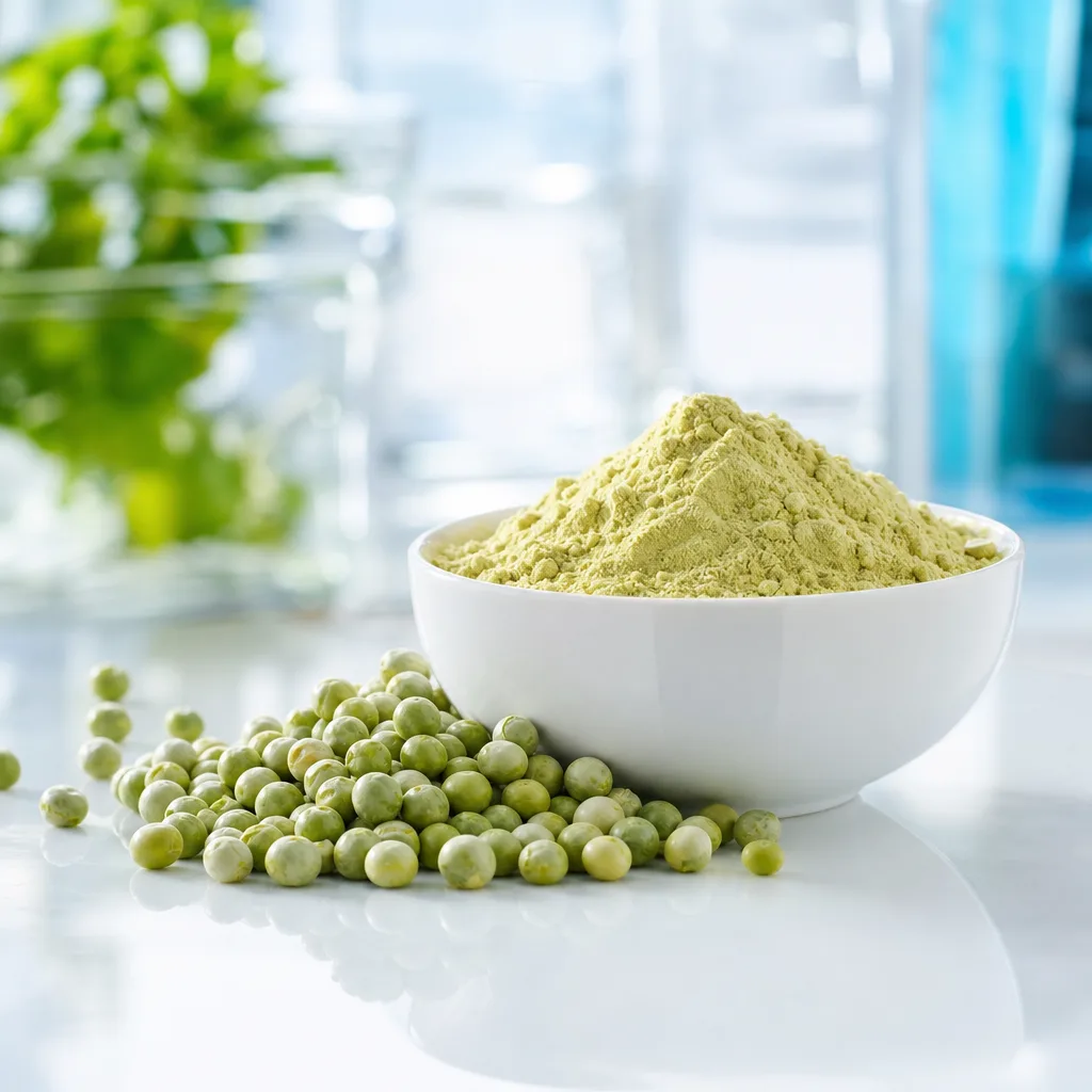 pile of dried green peas next to a bowl of pea protein powder