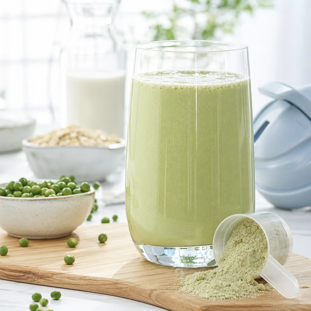 glass of light green plant based protein shake with oat milk on a wooden table