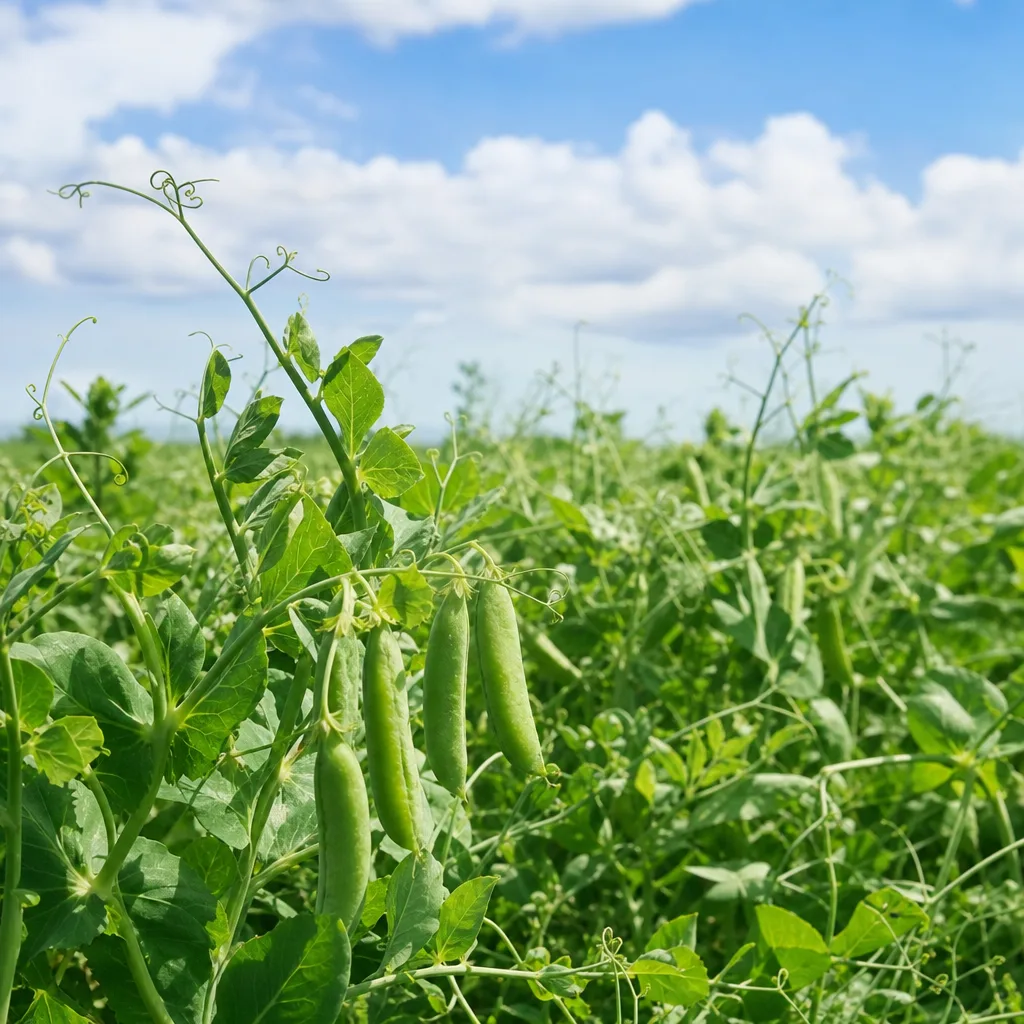 field of green pea plants growing under natural daylight