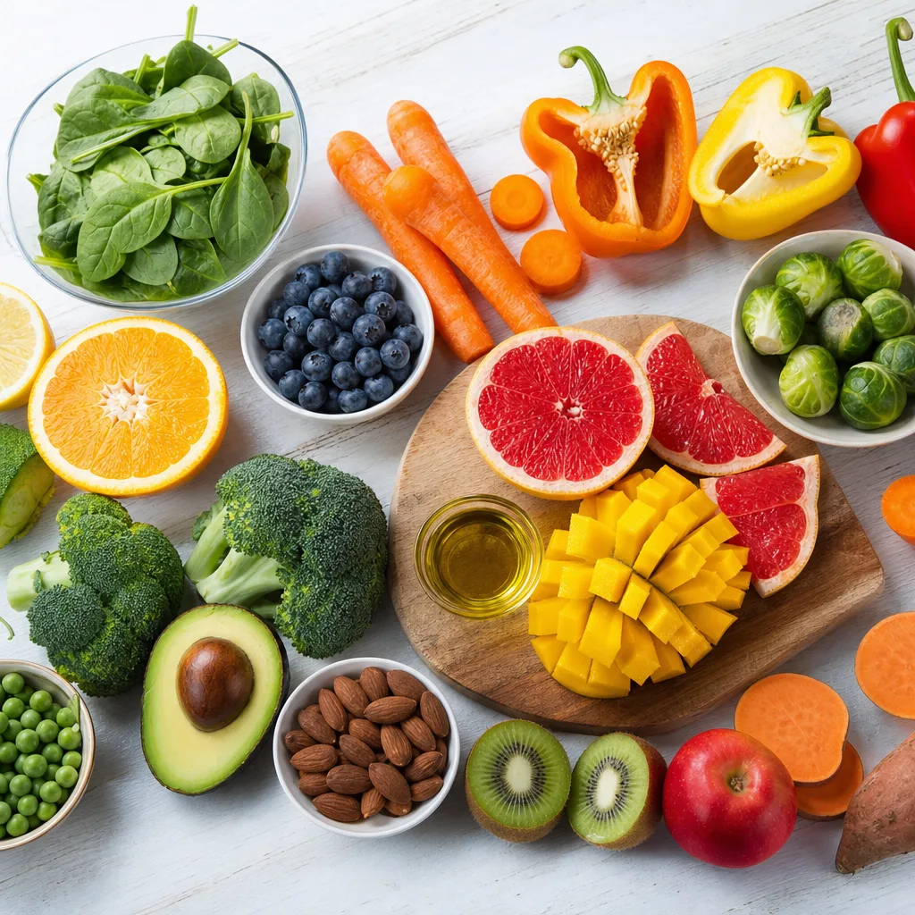 colorful sliced fruits and vegetables arranged on a light wooden table, overhead shot