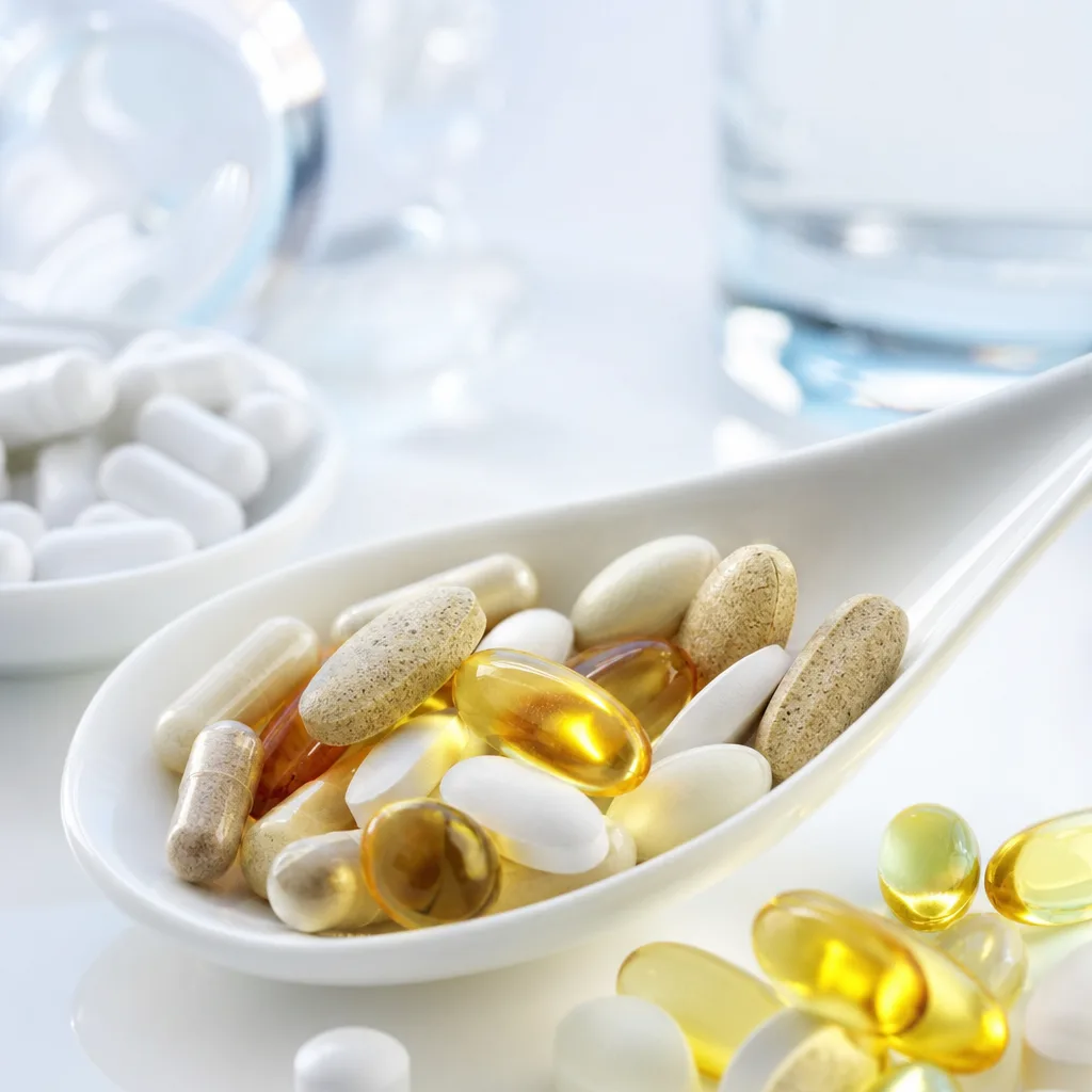 assorted supplement tablets and capsules on a white ceramic spoon, close up