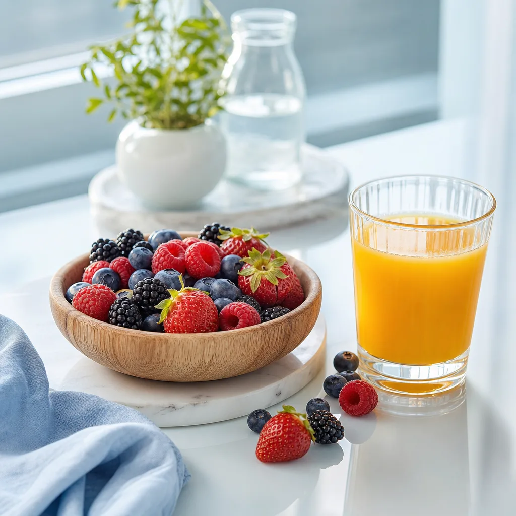 wooden bowl of mixed berries next to a glass of orange juice, warm natural light