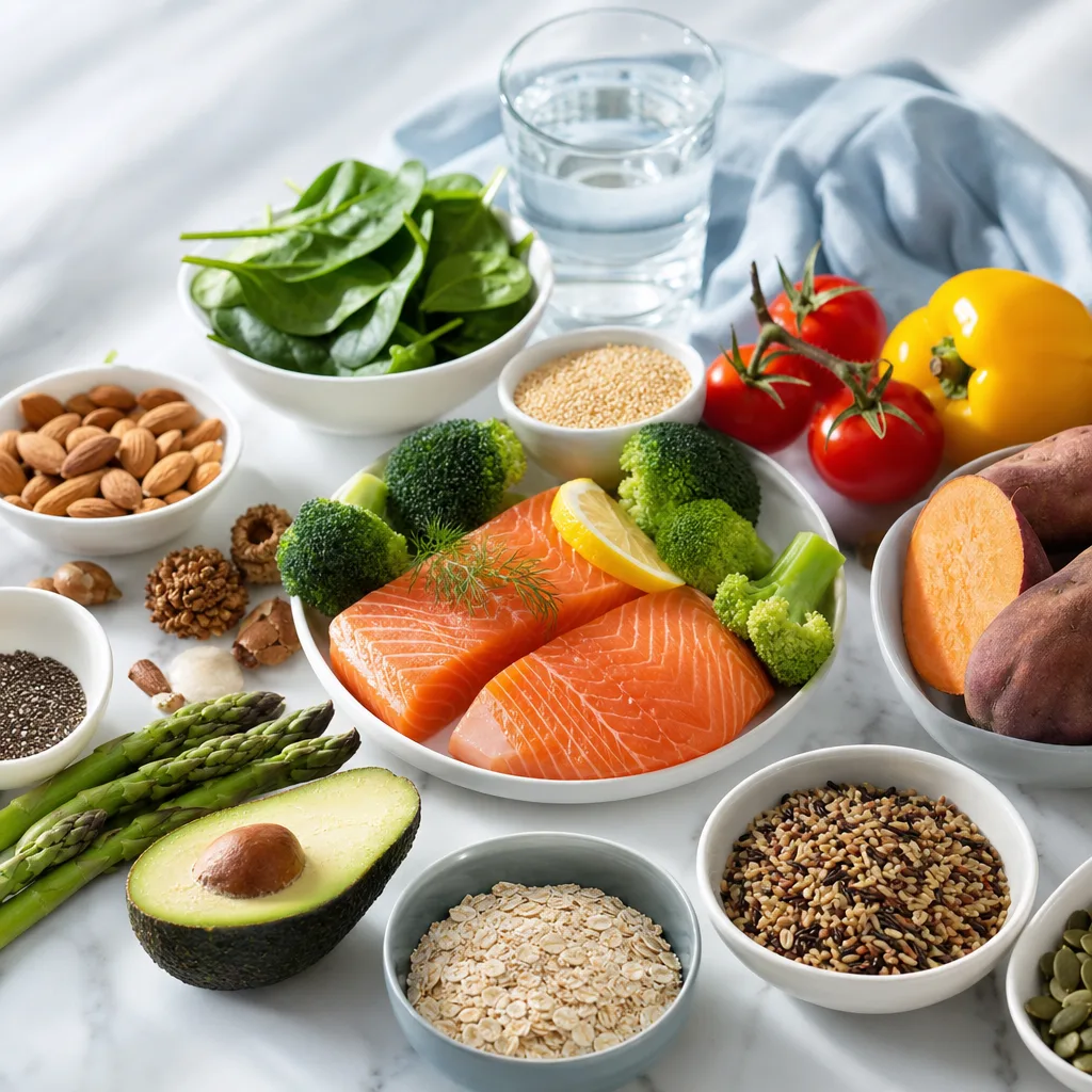 flat lay of whole foods including vegetables, grains, nuts and fish representing balanced nutrition