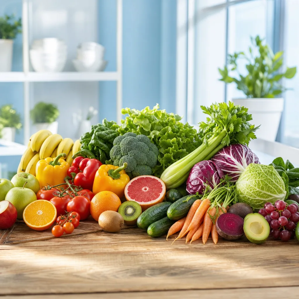assortment of colorful fruits and vegetables arranged on a wooden table under natural light