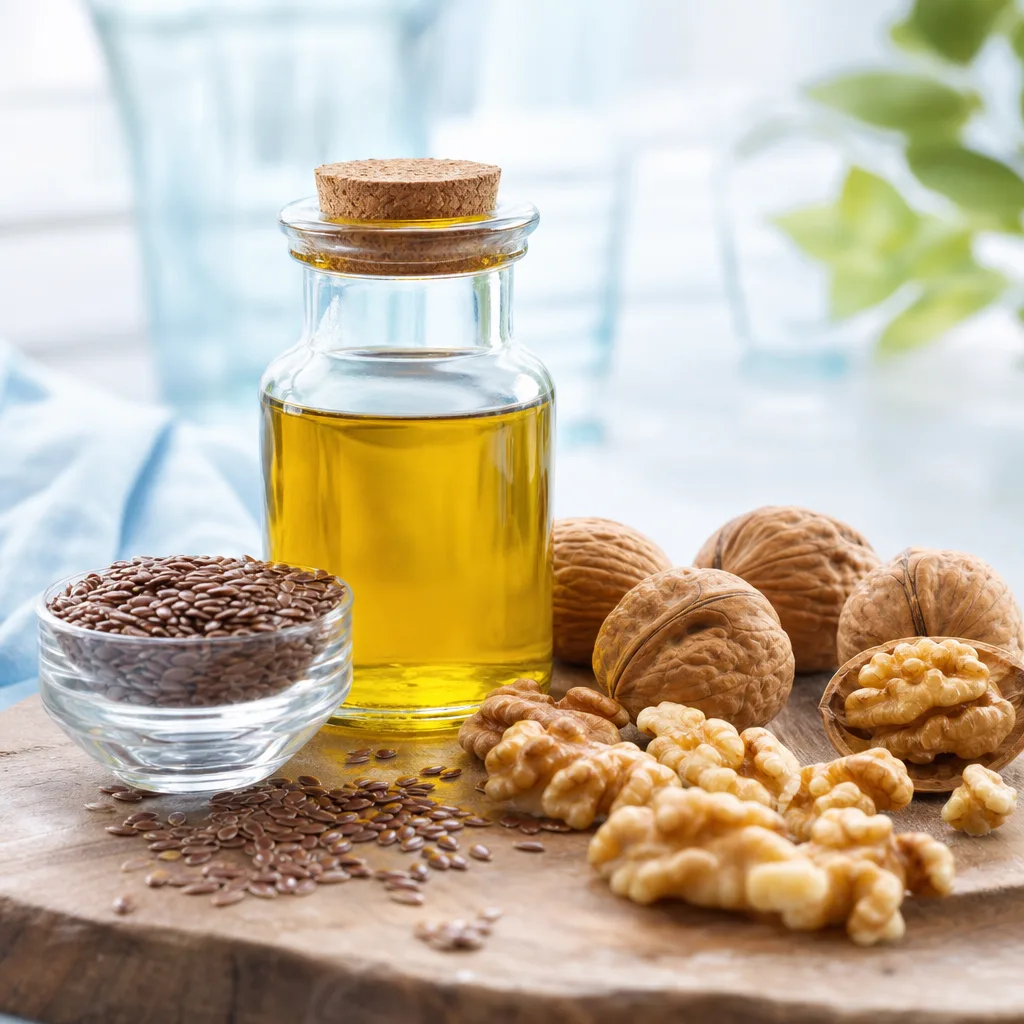 small glass bottle of oil next to walnuts and flax seeds on a wooden surface
