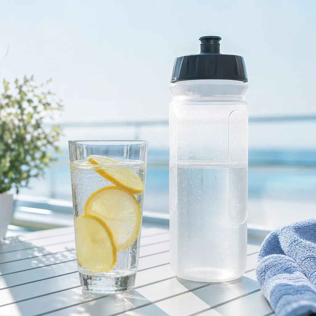 glass of water with lemon slices next to a sports bottle on a table outdoors