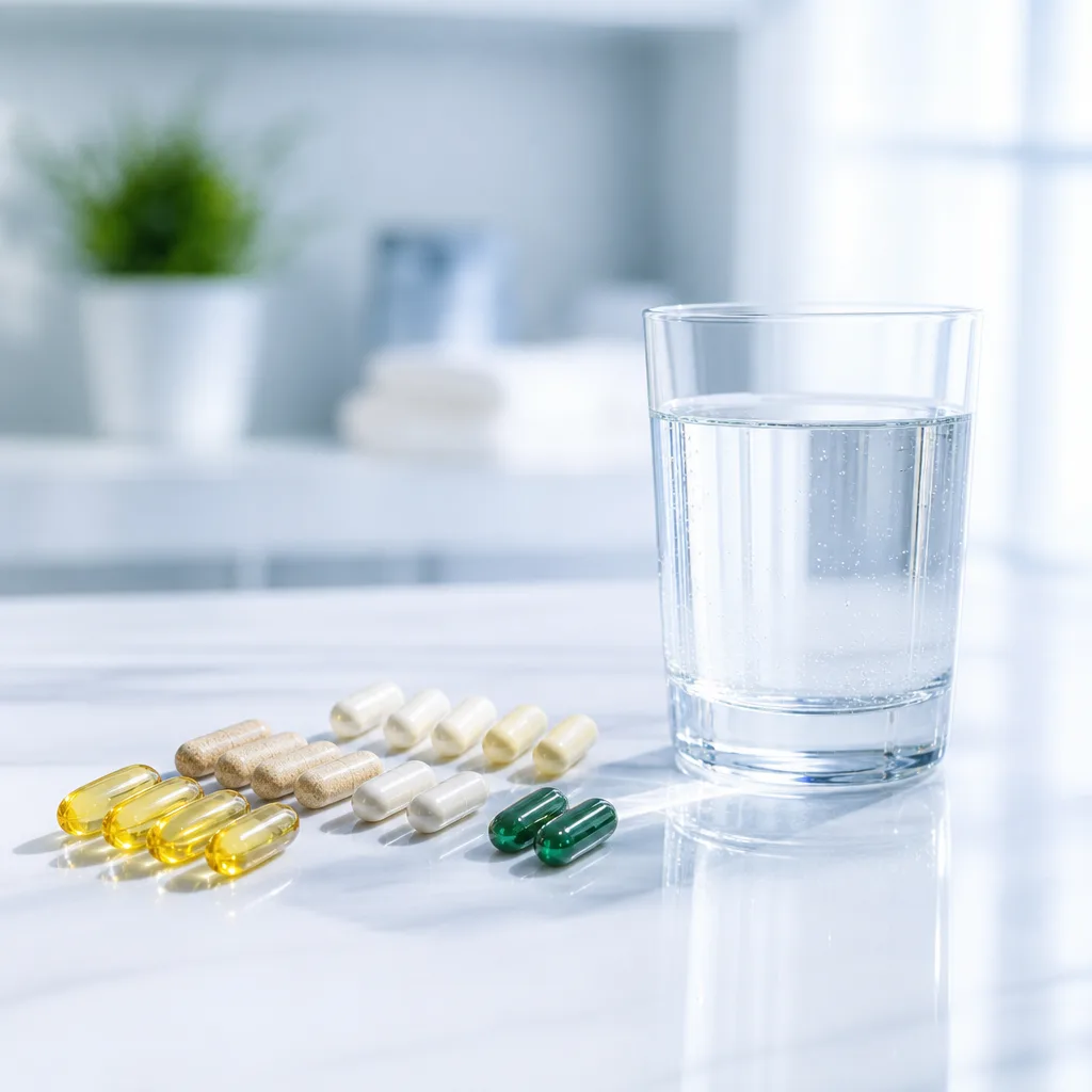 vitamin and mineral capsules arranged neatly next to a glass of water