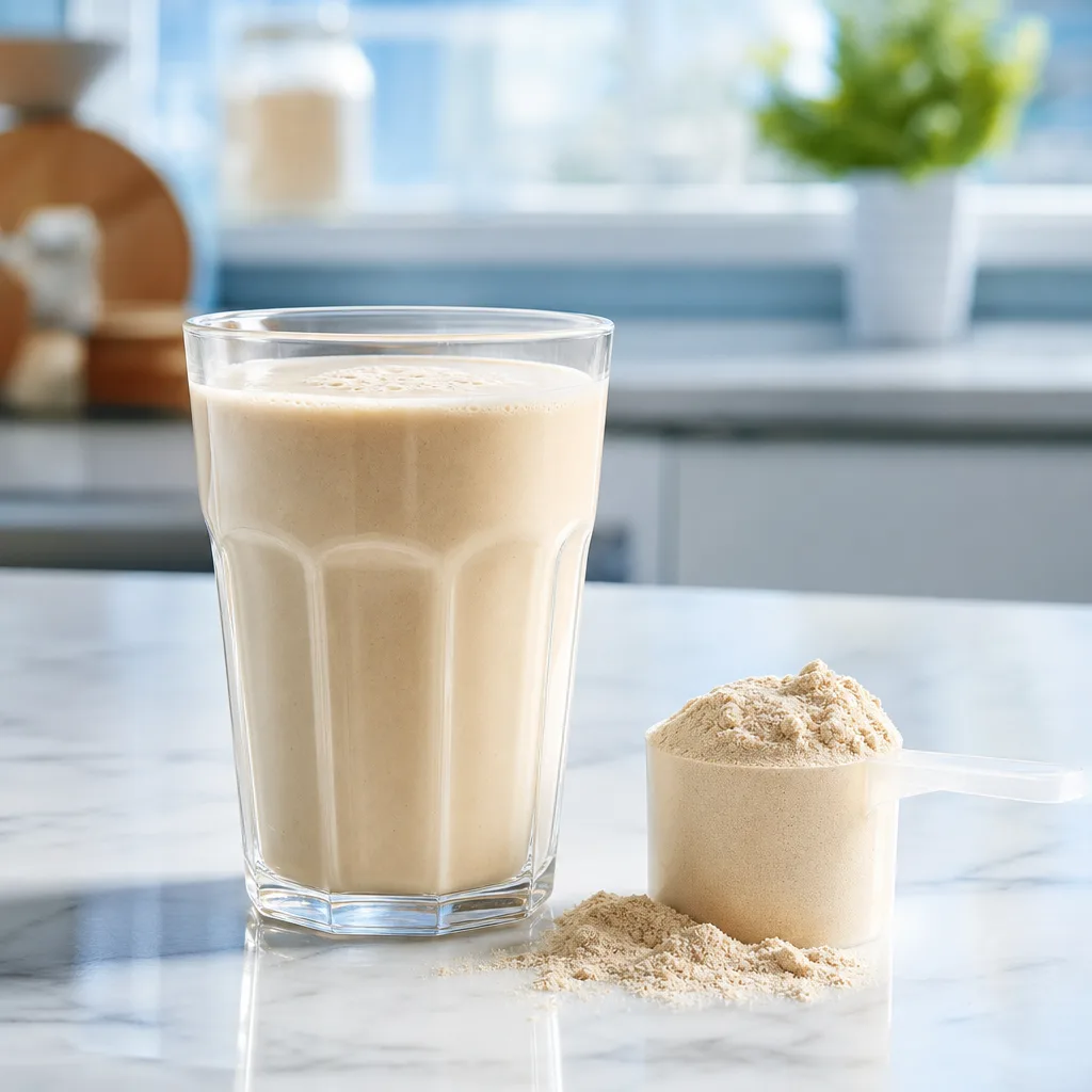 tall glass of a thick beige shake with a scoop of powder beside it on a kitchen counter