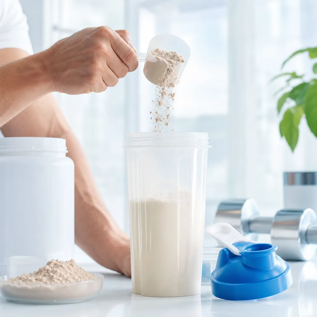 person's hand pouring powder into a large shaker bottle, close up, no face