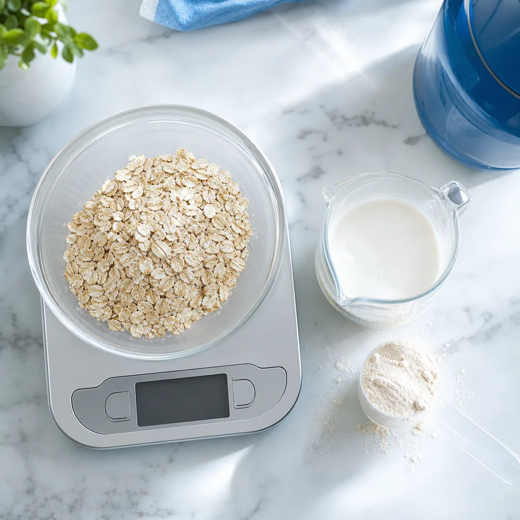 digital kitchen scale with oats and a measuring cup on a countertop, top down view