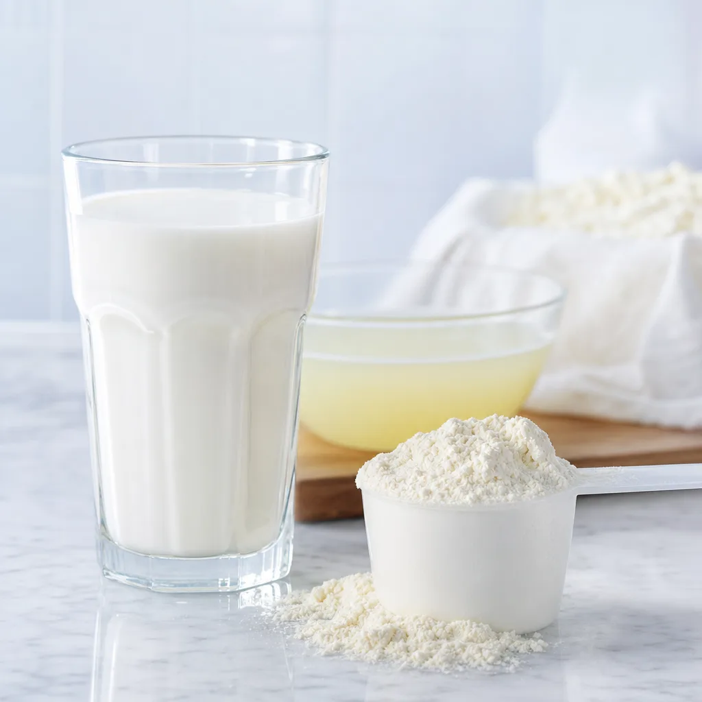 glass of milk next to a scoop of white whey protein powder on a kitchen counter
